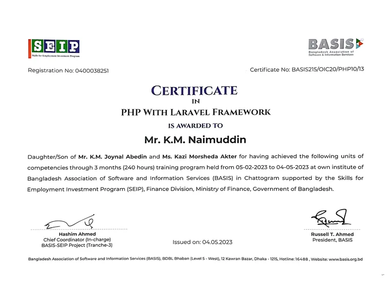 PHP with Laravel certificate from BITM