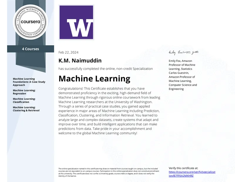 Machine Learning Specialization certificate