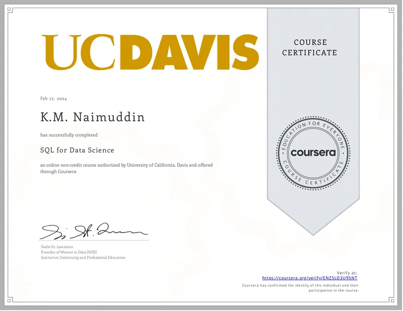 SQL for Data Science certificate